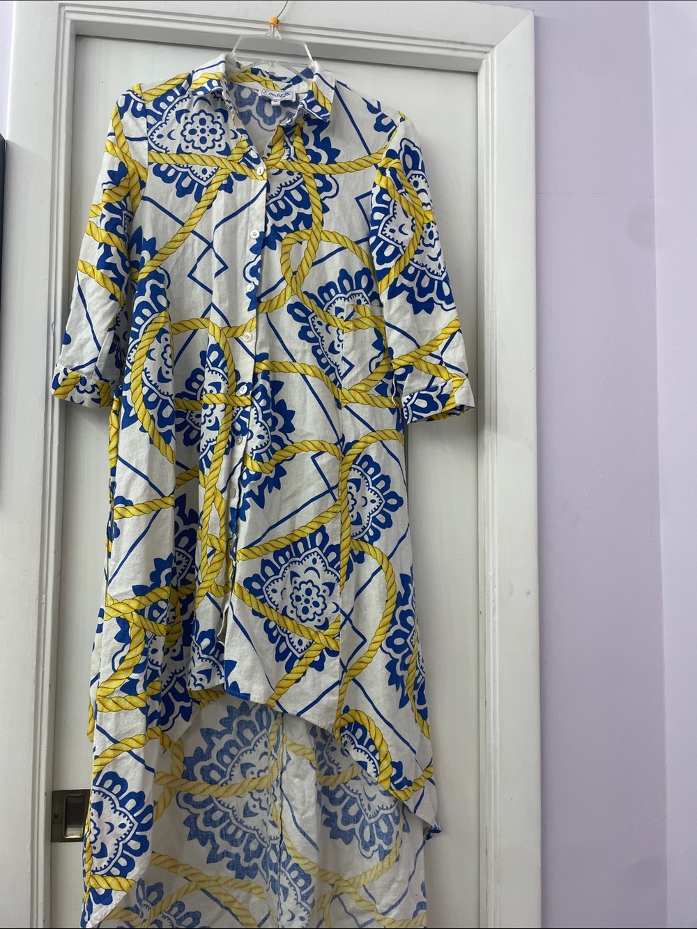 Blue & Yellow Print High-Low Shirt Dress